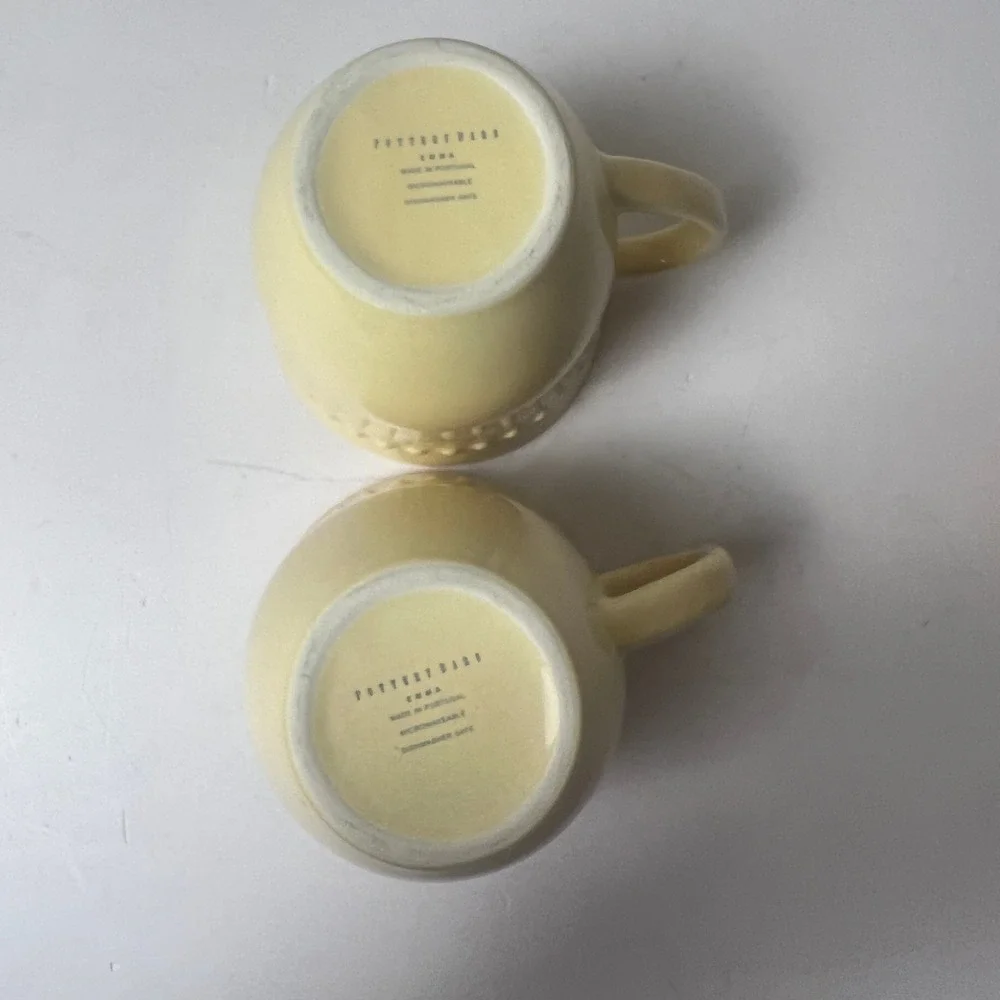 Pottery Barn Emma Coffee Mug Set of 2 Yellow Beaded Stoneware Portugal Farmhouse